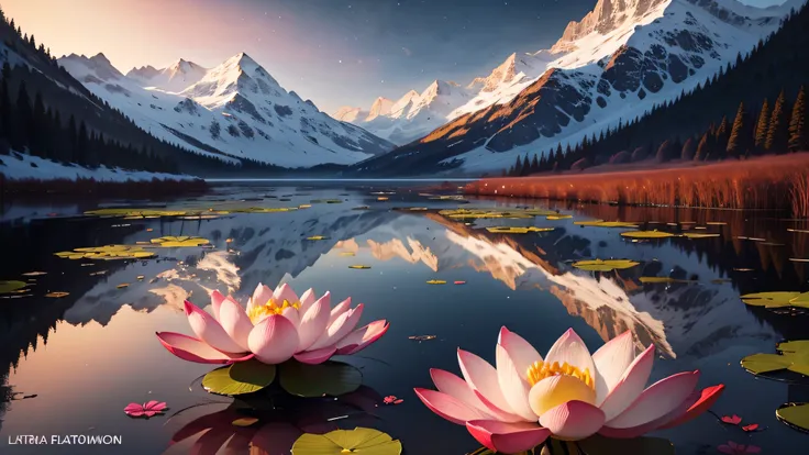 (ultra-détaillé,photoréaliste:1.37),(aquarelle),(fleurs de lotus flottant dans un étang translucide),(montagnes enneigées reflétées dans le miroir d&#39;eau),(utiliser la distorsion en barillet pour créer une impression de profondeur),(magnifique coucher d...