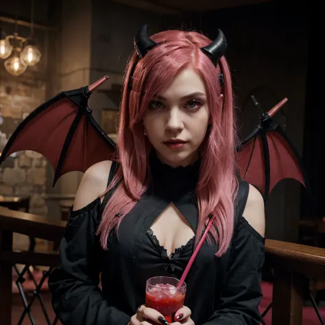 Vampire with pink hair, red eyes, in black clothes with pink details, with large bat wings, with a glass of blood with a straw, Pixar style
