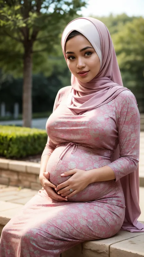 
RAW, Best quality, high resolution, masterpiece: 1.3), beautiful Malay woman in hijab,Masterpiece, perfect fit body, big breast, huge pregnant, biggorgeous eyes, Soft smile,thick thighs,sitting,muslim close up of a woman wearing a red floral dress and a t...