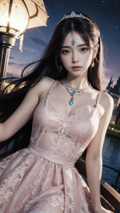 8K, ultra HD, masterpiece, realistic, 1 girl, good face, smoggy makeup, very long hair, princess hairstyle, detailed eyes, detailed lips, medium figure, very detailed dress, (pink dress:1.5), (strap:1.5), (lace:1.5), (net stocking:1), (jewelry:1.8), ((disn...