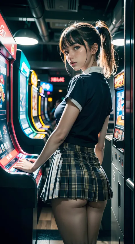 (masterpiece:1.2, highest quality), realistic, (real image, intricate details, Depth of bounds written), japanese women、20-year-old、faded blonde hair、ponytail、Fluttering breasts、(Short sleeve blouse、Navy striped quilted vest、Tartan check tie)、(Navy blue su...