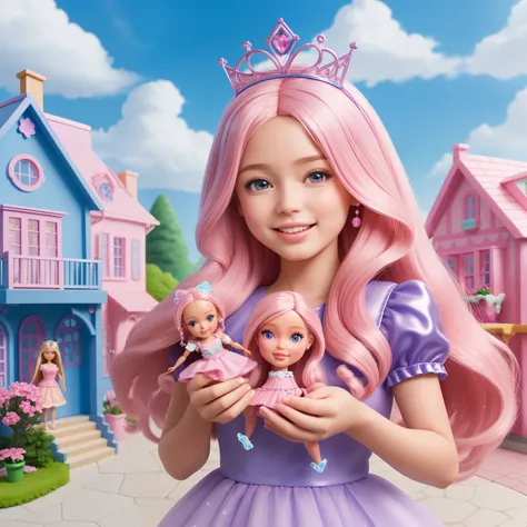 A girl playing with Barbies in a picturesque dreamhouse village, where everything is made of colorful plastic. The scene is filled with vibrant, playful colors and the houses are beautifully designed in a modern architectural style. The girls room is fille...