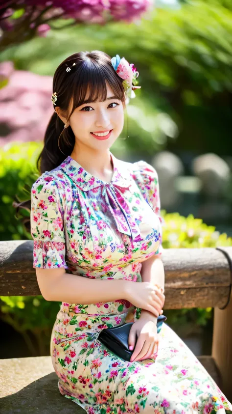 (realistic, photo-realistic:1.4), (extremely detailed 8k wallpaper), sharp focus, bokeh, detailed beautiful eyes and skin, (Image from thighs to head:1.3), Canon R5 50mm, (Japanese idol:1.4), 25yo, beautiful woman, smile, large breast, Floral print midi sk...