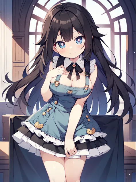 (one girl:1.2), (alone:1.2),(13 year old girl)、young girl、medium chest、 table top, nffsw、shader、highly detailed eyes、long black hair、silky hair、ultra-intricate pupil in eyes、highest quality、Dresses that are too big for your body type、Low exposure、bright co...