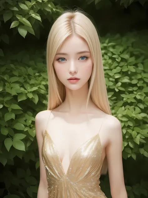 Hannah, She stands in the star garden of Elsoria.、Exudes a touch of tranquility and mystery。. Wearing an elf gown woven from elegant fabric that shines like moonlight, Sparkling with every breeze that caressed her. A calm expression, With piercing deep eye...