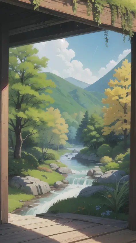 painting of a stream running through a lush green forest full of trees, pintura detalhada 4k, mountain river trees, papel de parede de paisagem de anime, bela arte uhd 4k, paisagem rural de anime, detailed scenery - width 672, linda pintura digital, Arte d...