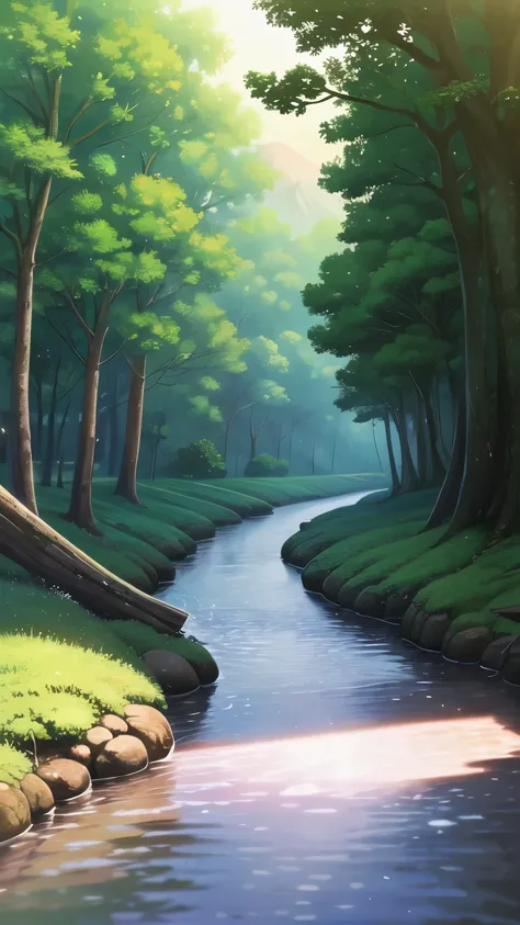 painting of a stream running through a lush green forest full of trees, pintura detalhada 4k, mountain river trees, papel de parede de paisagem de anime, bela arte uhd 4k, paisagem rural de anime, detailed scenery - width 672, linda pintura digital, Arte d...