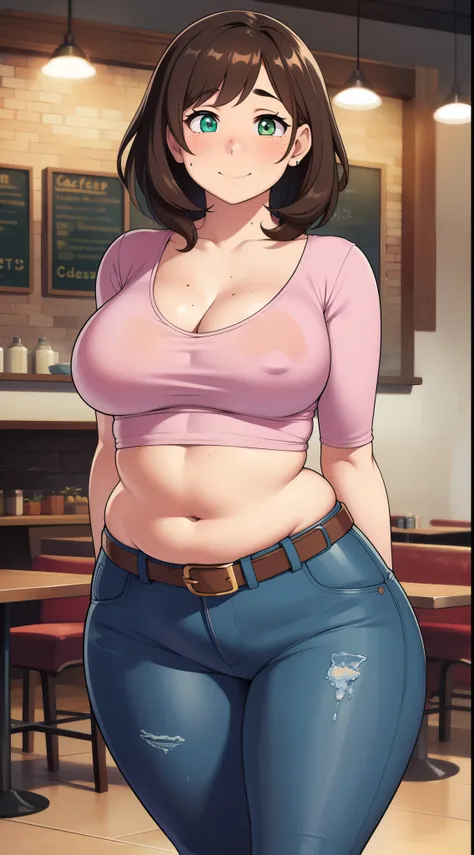  ((highres)), Masterpiece, high quality, best quality, beautiful, perfect lighting, detailed face, ultra cute face, ((1girl)), ((solo), medium brown hair, (fluffy hair), green eyes, freckles, ((blush)), affectionate smile, looking at viewer, cafe, daytime,...