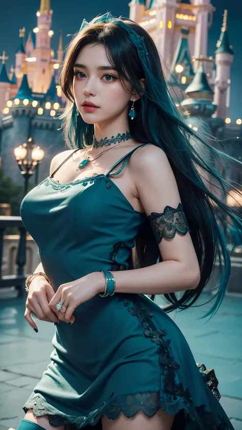 8K, ultra HD, masterpiece, realistic, 1 girl, good face, smoggy makeup, very long hair, princess hairstyle, detailed eyes, detailed lips, medium figure, very detailed dress, (teal dress:1.5), (strap:1.5), (lace:1.5), (net stocking:1), (jewelry:1.8), ((disn...