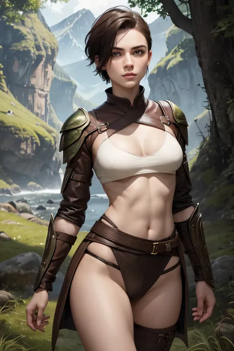 An androgynous female ranger with a undercut. Slim body. Very pale skin. Face with a lot of freckles and liverspots. Body und skin with liverspots. Extremly short hair. Dark-brown haircolour. Manly short hairfcut. Undercut. Soft facial features. Round face...