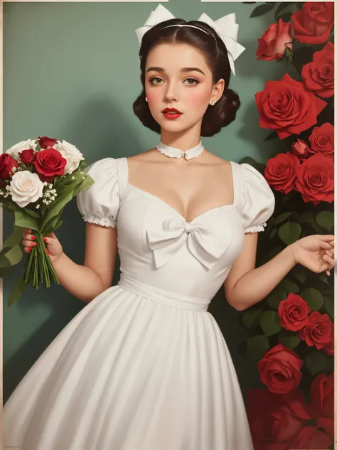 uma pintura de uma jovem mulher loira, with white bows in her hair, with a white dress from the 30s, holding a bouquet of reddish and white roses, the bouquet of roses is in front of your body, a poster inspired by Art Frahm, obturador, arte pop, beautiful...