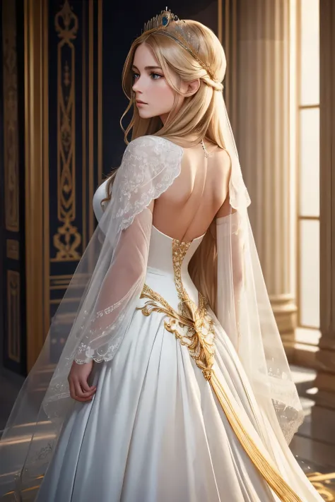 A regal and ethereal princess, clad in a white angelic gown that cascades down to the ground, stands tall and proud before her faithful guard. Her long, golden locks stream down her back, framing her delicate features. With a graceful posture and poised ex...