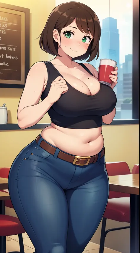  ((highres)), Masterpiece, high quality, best quality, beautiful, perfect lighting, detailed face, ultra cute face, ((1girl)), ((solo), medium brown hair, (fluffy hair), green eyes, freckles, ((blush)), affectionate smile, looking at viewer, cafe, daytime,...