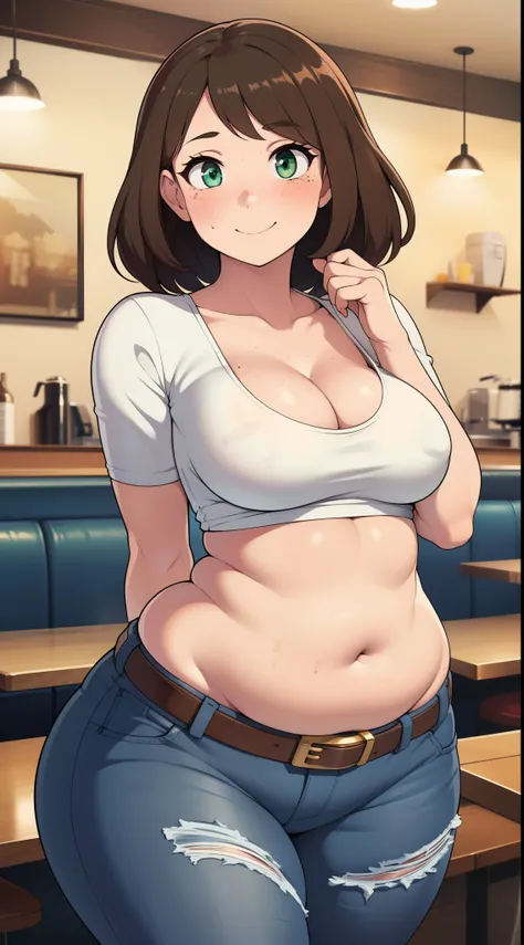  ((highres)), Masterpiece, high quality, best quality, beautiful, perfect lighting, detailed face, ultra cute face, ((1girl)), ((solo), medium brown hair, (fluffy hair), green eyes, freckles, ((blush)), affectionate smile, looking at viewer, cafe, daytime,...