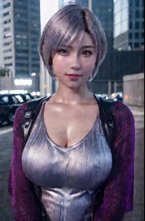 (8k, photorealistic, RAW photo, top quality: 1.4), (1girl), super beautiful, (realistic face), (boyish, silver-colored berry short hair), beautiful cyberpunk suit, glares seducing viewer, beautiful expression, beautiful breasts, (realistic skin), beautiful...