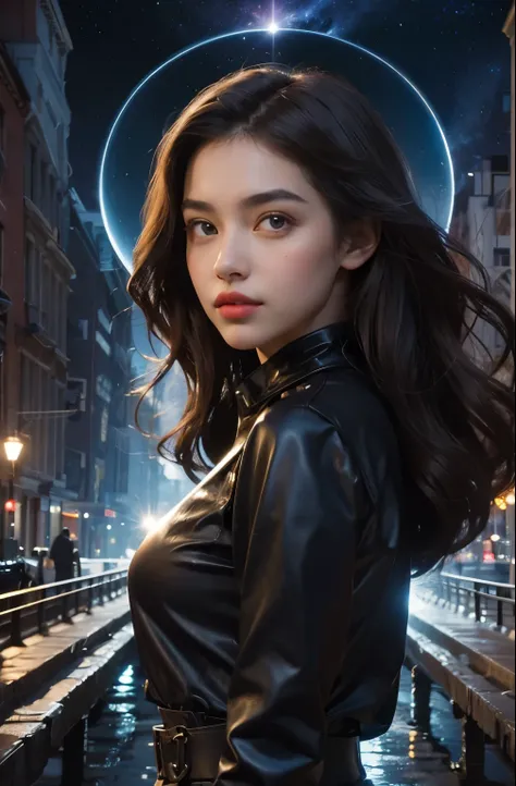 A beautiful woman. Late teens. dark brown hair. Beautiful double eyes. The bridge of my nose. Well-shaped lips. A woman stands in a city at night, and the entrance to a wormhole opens in the space behind her. 8K image quality.