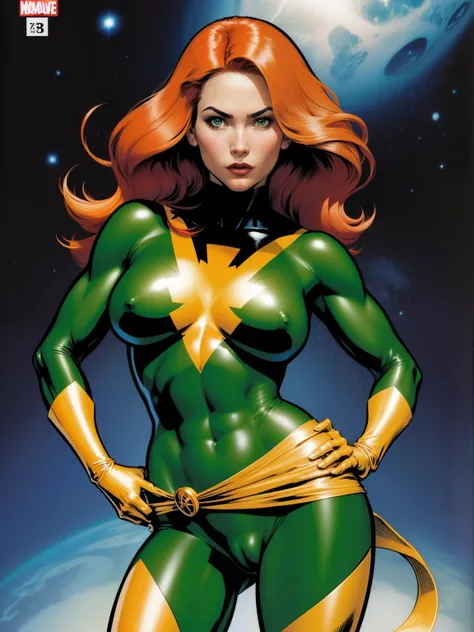 (((A comic style, cartoon art))), A comic book-style image of Jean Grey in dynamic sexy pose, with her as the central figure. She is standing with her hands on her hips, looking straight ahead with determination. She wears a green and gold outfit, (((Hot b...