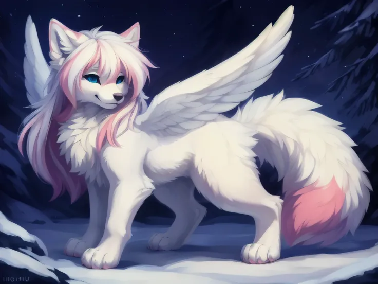 (white body, female furry, solo, pink ears:1.2, pink tip of the ears:1.5, white hair with pink highlights:1.3, Fox tail, pink iris:1.6, detailed eyes, small nose, hairy, Very fluffy thighs:1.6, slightly Chubby:1.3, white tail with pink highlights, chest fl...