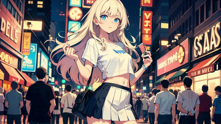 masterpiece, best quality, refined facial features, dynamic pose, nsfw, 1girl, platinum blonde hair, long hair, blue eyes, small lively breasts, on the street, night, neon signs, white t-shirt, braless, pleated skirt, poker face, front view, standing, in t...