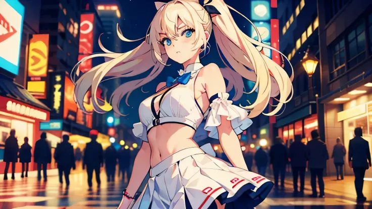 masterpiece, best quality, refined facial features, dynamic pose, nsfw, 1girl, platinum blonde hair, long hair, blue eyes, small lively breasts, on the street, night, neon signs, white t-shirt, braless, pleated skirt, poker face, front view, standing, in t...