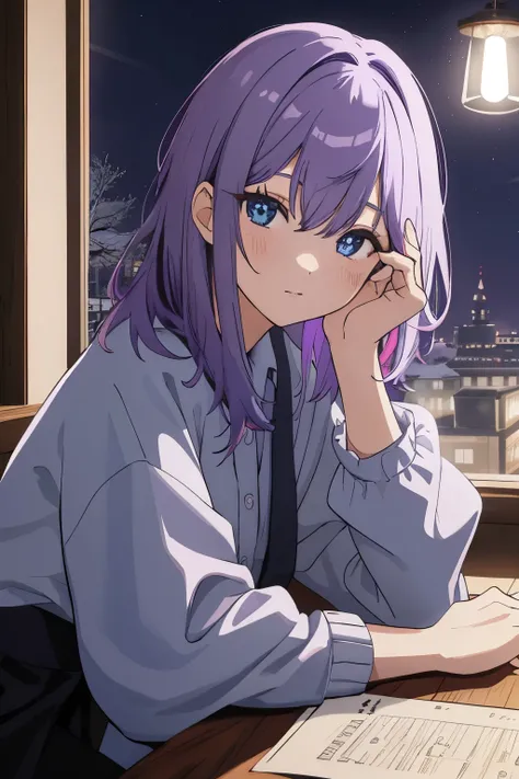 Scene View,null,anime style, house light ,night,headrest, intense angle, Curtsey,(Light purple hair)、(Web Hair)、medium hair、sparkling blue eyes、winter scenery,highest quality、Multicolored hair((indoor))