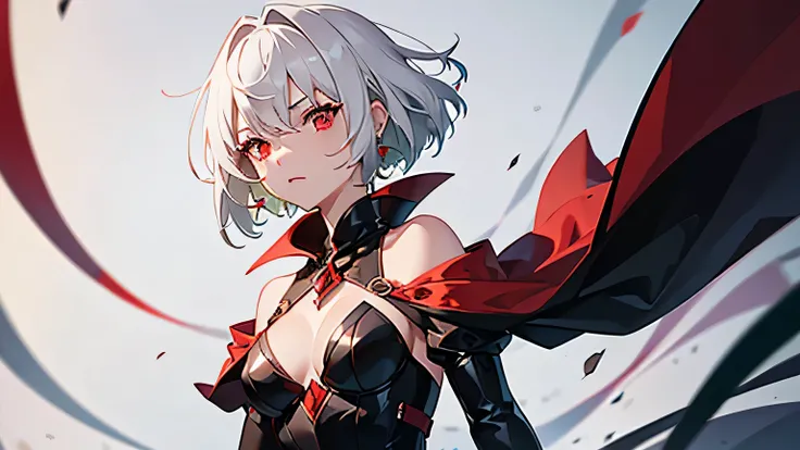 1 girl, short white hair, green earrings, red eyes, wearing a skin tight black clothes with a small diamond cut at her cleavage, red short sleeve cloak falling off shoulders,