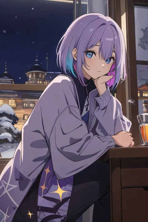 Scene View,null,anime style, house light ,night,headrest, intense angle, Curtsey,(Light purple hair)、(Web Hair)、medium hair、sparkling blue eyes、winter scenery,highest quality、Multicolored hair、((indoor))