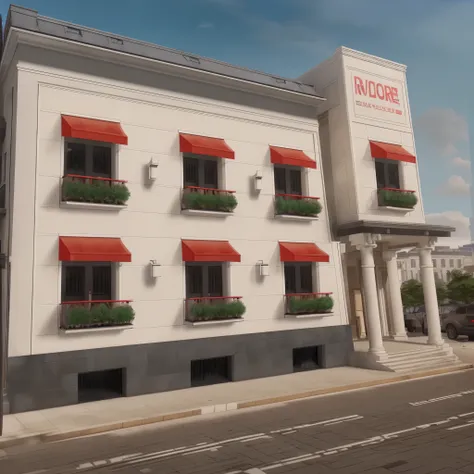 white building with red awnings and black windows on a street, realistic building, exterior view, building facing, realism, massive columns, daytime, detailed, 4k
