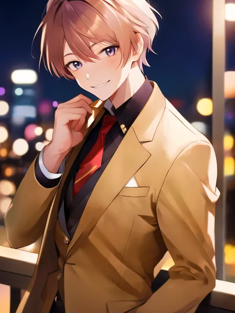 ((masterpiece)), anime guy in a suit smiling gently, Night background, background blur effect, a computer rendering inspired by Hisui Sugiura, pixiv, computer art, anime handsome man, handsome anime pose, official art, in an anime style, as an anime charac...