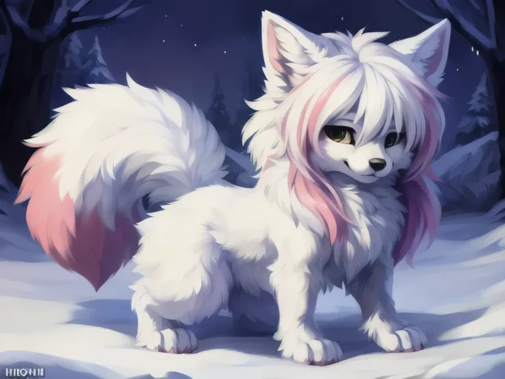 (white body, female furry, solo, pink ears:1.2, pink tip of the ears:1.5, white hair with pink highlights:1.3, Fox tail, pink iris:1.6, detailed eyes, small nose, hairy, Very fluffy thighs:1.6, slightly Chubby:1.3, white tail with pink highlights, chest fl...