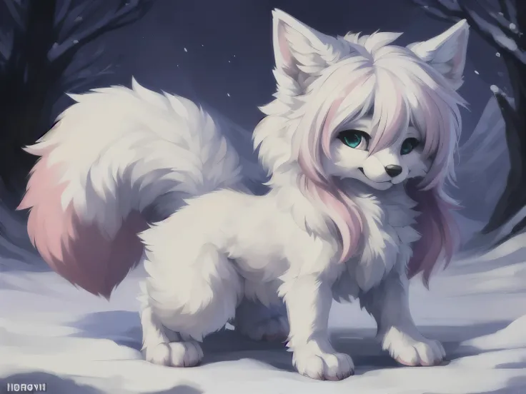 (white body, female furry, solo, pink ears:1.2, pink tip of the ears:1.5, white hair with pink highlights:1.3, Fox tail, pink iris:1.6, detailed eyes, small nose, hairy, Very fluffy thighs:1.6, slightly Chubby:1.3, white tail with pink highlights, chest fl...