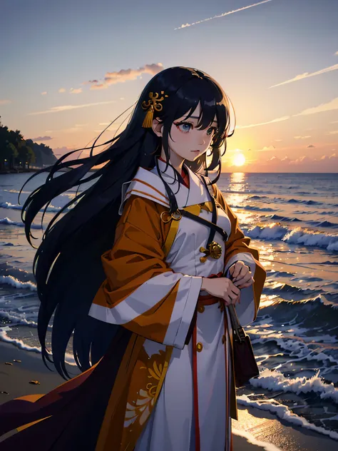 sunset，there was a woman standing on the beach, with sunset, queen of the sea mu yanling, under the beautiful sunset, with the s...