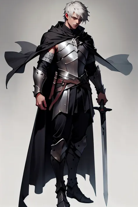 knight，silver armor，black cape，highlight，hold the greatsword in both hands，middle ages，religion，front，full body image