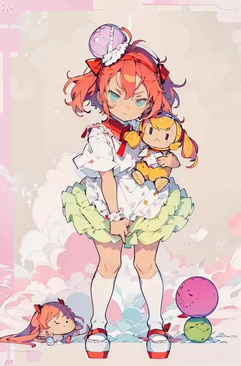 a small shota，lower your head and look up at the camera，stubborn eyes, angry pout，pouting her ass，red short hair，fleshy limbs，we...