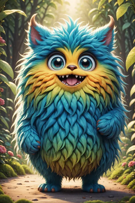 (best quality,high resolution:1.2),super detailed,actual,3d rendering,cute furry monster,cute eyes,cartoonish style,colorful fur...