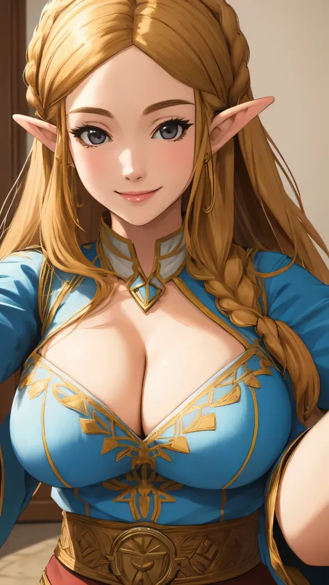 (self-shot:1.3), lifelike, zelda, Smile,, (masterpiece, best quality, detailed:1.3)big breasts，cleavage