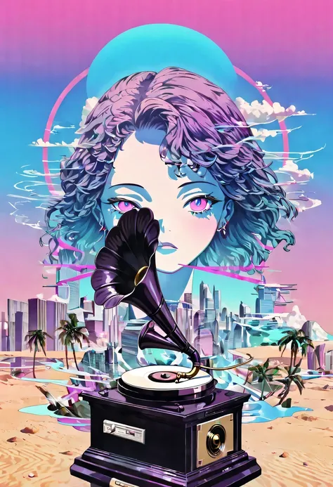 (vaporwave怪诞美学:1.8),High saturation color,David bust sculpture head and body separated, double contact, 商品ocean报,High saturation color,futuristic city, English title，fantasy, matrix, desert, ocean,Close-up of High quality gramophone,coconut tree,24th centu...