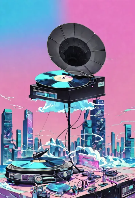 (vaporwave怪诞美学:1.8),High saturation color,David bust sculpture head and body separated, double contact, 商品ocean报,High saturation color,futuristic city, English title，fantasy, matrix, desert, ocean,Close-up of High quality gramophone,coconut tree,24th centu...