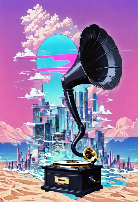 (vaporwave怪诞美学:1.8),High saturation color,David bust sculpture head and body separated, double contact, 商品ocean报,High saturation color,futuristic city, English title，fantasy, matrix, desert, ocean,Close-up of High quality gramophone,coconut tree,24th centu...