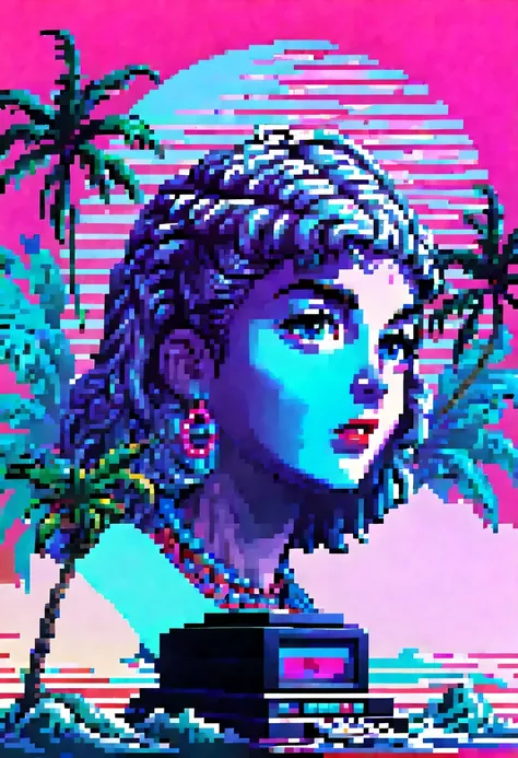 (vaporwave怪诞美学:1.8),High saturation color,David bust sculpture head and body separated, double contact, 商品ocean报,High saturation color,futuristic city, English title，fantasy, matrix, desert, ocean,Close-up of High quality gramophone,coconut tree,24th centu...