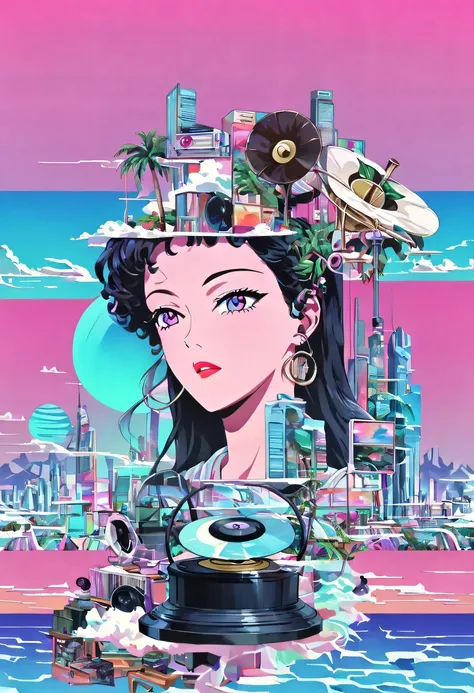 (vaporwave怪诞美学:1.8),High saturation color,David bust sculpture head and body separated, double contact, 商品ocean报,High saturation color,futuristic city, English title，fantasy, matrix, desert, ocean,Close-up of High quality gramophone,coconut tree,24th centu...