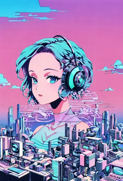 (vaporwave怪诞美学:1.8),High saturation color,David bust sculpture head and body separated, double contact, 商品ocean报,High saturation color,futuristic city, English title，fantasy, matrix, desert, ocean,Close-up of High quality gramophone,coconut tree,24th centu...