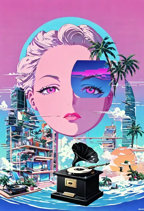 (vaporwave怪诞美学:1.8),High saturation color,David bust sculpture head and body separated, double contact, 商品ocean报,High saturation color,futuristic city, English title，fantasy, matrix, desert, ocean,Close-up of High quality gramophone,coconut tree,24th centu...