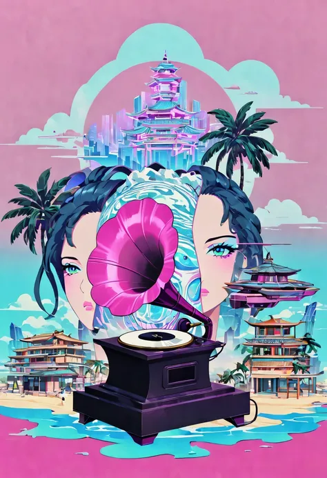 vaporwave怪诞美学,High saturation color,David bust sculpture head and body separated,  double contact, 商品ocean报,High saturation color,futuristic city, English title，fantasy, matrix, desert, ocean, Chinese pavilions,Close-up of High quality gramophone,coconut t...