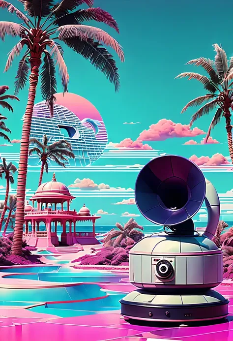 (vaporwave aesthetics:1.8)，futuristic city, English title，fantasy, matrix, desert, ocean, Chinese pavilions,Close-up of vintage gramophone,coconut tree,24th century,Strong psychedelic colors and retro-future decadence,distressed and stylized, illusory、Coll...