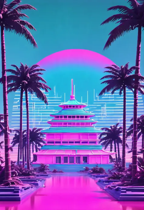 (vaporwave aesthetics:1.8)，futuristic city, english title，fantasy, matrix, desert, ocean, chinese pavilions,retro 70s screen clo...