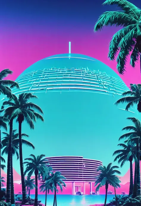 (vaporwave aesthetics:1.8)，futuristic city, english title，fantasy, matrix, desert, ocean, chinese pavilions,retro 70s screen clo...