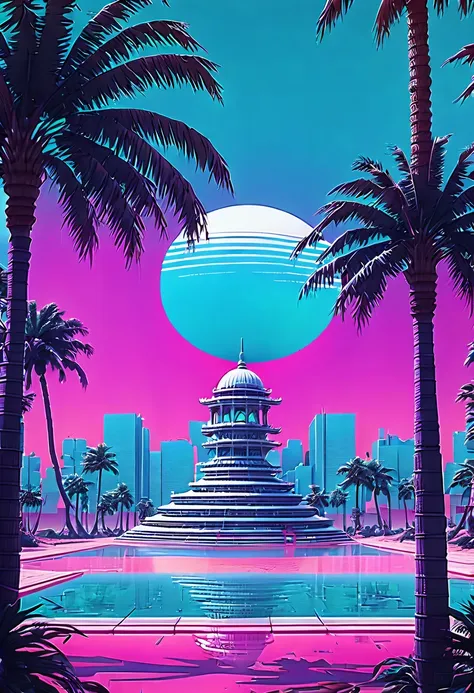 (vaporwave aesthetics:1.8)，futuristic city, english title，fantasy, matrix, desert, ocean, chinese pavilions,retro 70s screen clo...