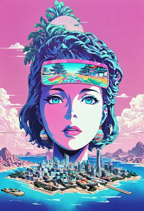 vaporwave怪诞美学,high saturation color,david bust sculpture head and body separated,  double contact, 商品ocean报,high saturation colo...