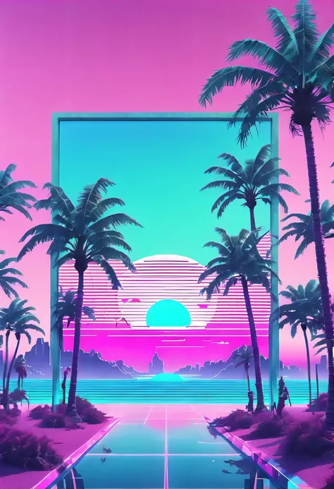 (vaporwave aesthetics:1.8)，futuristic city, english title，fantasy, matrix, desert, ocean, chinese pavilions,retro screen close-u...